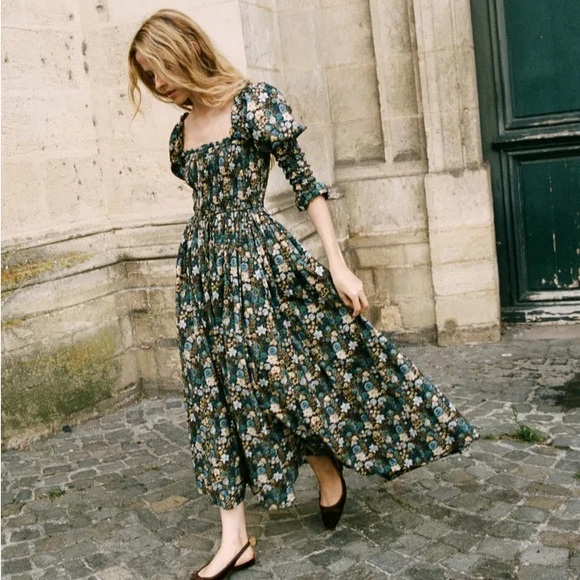 Doen Bijou Cotton Poplin Smocked Long Sleeve Maxi Dress Bleu Arbor Floral Blue - Picture 3 of 8